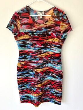 Joseph Ribkoff Short Sleeve Formal Mini Dress Multicolored Abstract Mesh Bandage